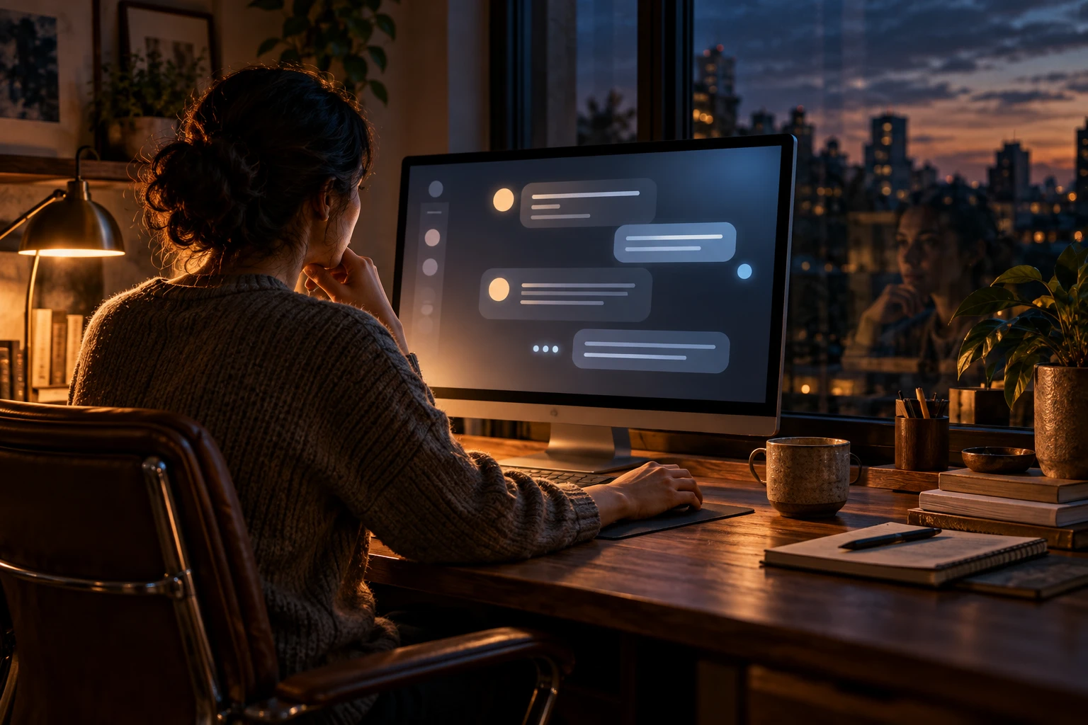 AI-generated illustration of a person thoughtfully using a conversational interface at a warmly lit desk, with their reflection visible in the window.