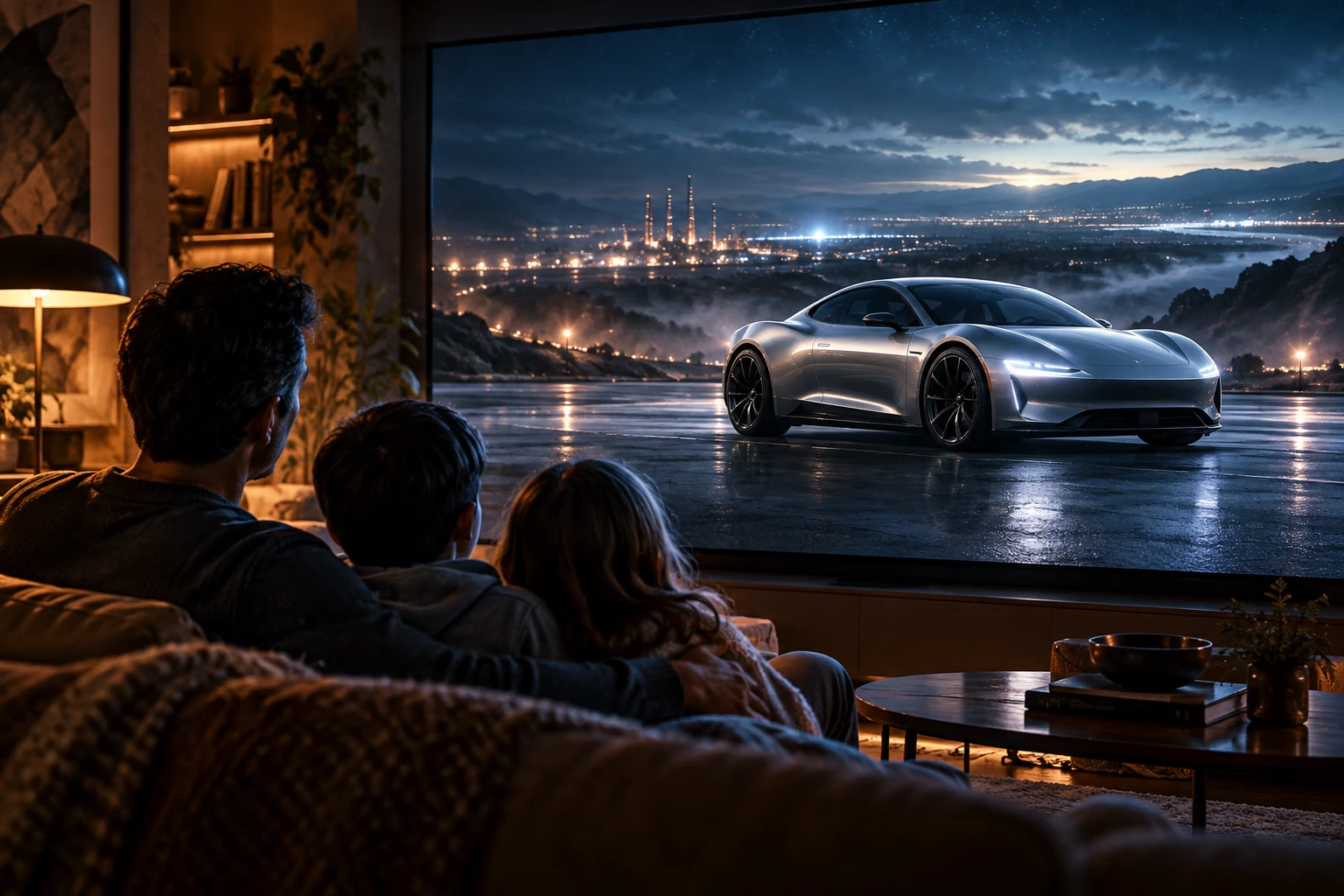 AI-generated illustration of a father and children watching a silver concept sports car on a large screen, with warm room lighting and a luminous night-time landscape.